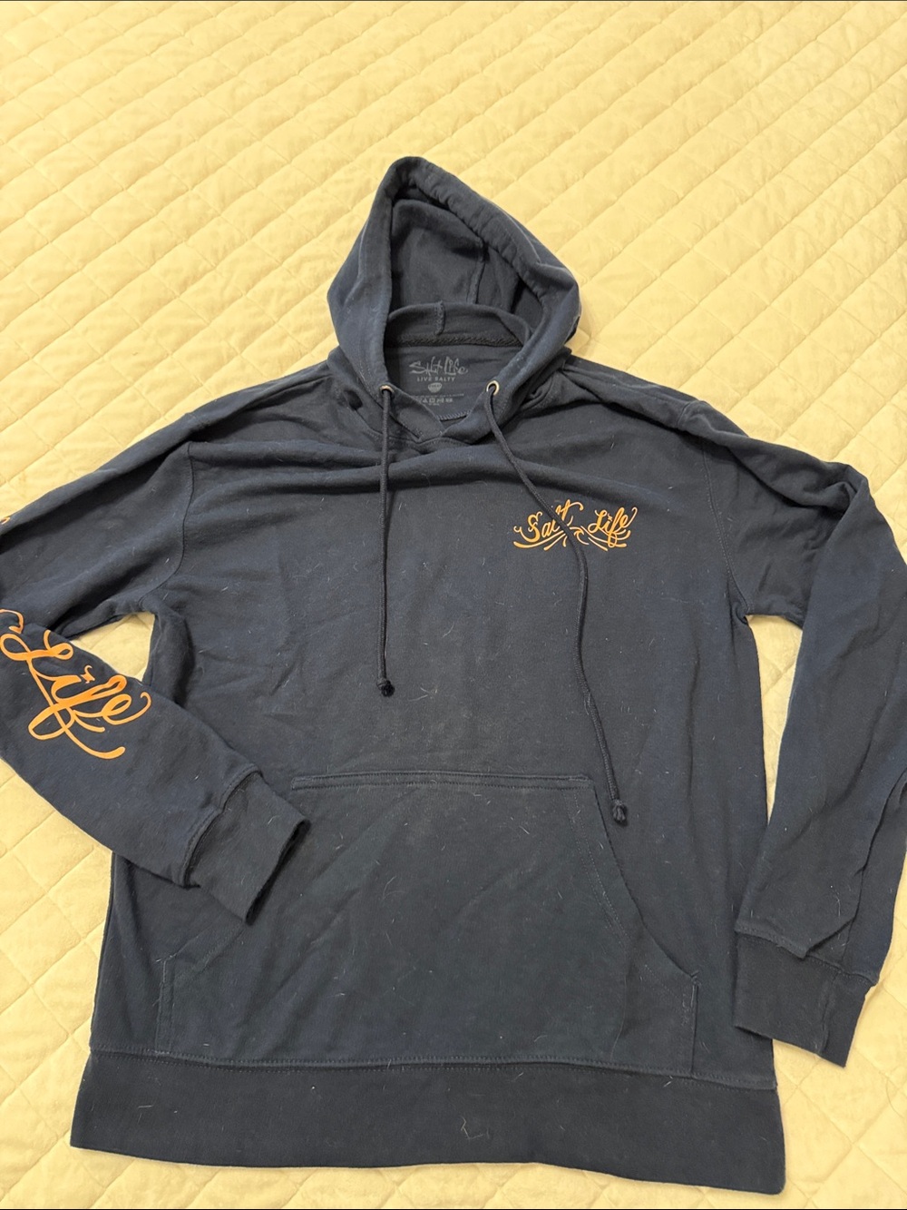 Salt Life Navy Hoodie with Pink Script Chest and Sleeve Logos